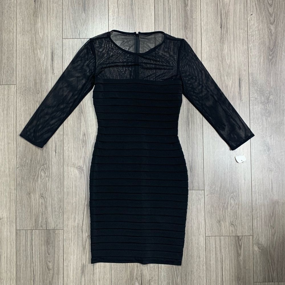 Tadashi Collection Stretchy Knit Bodycon Dress Shutter Pleat Tiered Black Mesh M